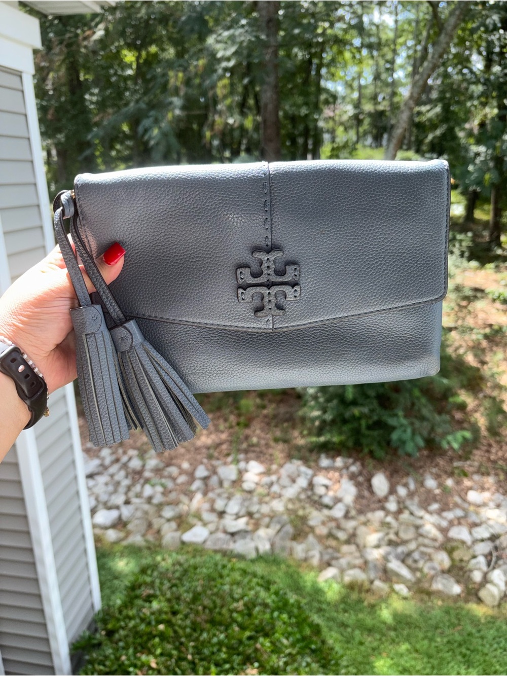 Tory Burch Gray Pebbled Leather Tassel Wristlet Clutch
